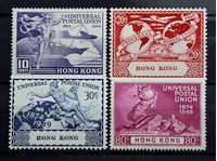 Изображение Гонконг 1949 г. Gb# 173-176 • 75 лет Всемирному почтовому союзу / Омнибус • MLH OG XF • полн. серия ( кат.- £65 )