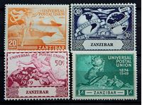 Изображение Занзибар 1949 г. Gb# 335-338 • 75 лет Всемирному почтовому союзу / Омнибус • MLH OG VF+ • полн. серия ( кат.- £3,5 )