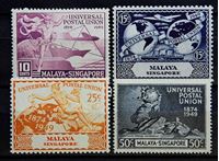 Изображение Сингапур 1949 г. Gb# 33-36 • 75 лет Всемирному почтовому союзу / Омнибус • MLH OG XF • полн. серия ( кат.- £17 )