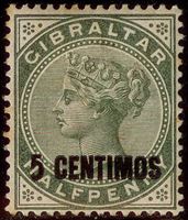 Изображение Гибралтар 1889 г. Gb# 15 • Королева Виктория / 5с (испанская валюта) • MH OG VF ( кат.- £9 )
