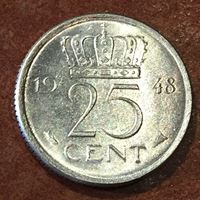 Изображение Нидерланды 1948 г. • KM# 178 • 25 центов • год - тип • королева Вильгельмина • регулярный выпуск • MS BU ( кат.- $25,00 )