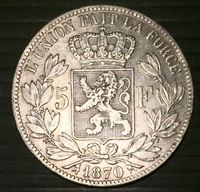 Изображение Бельгия 1870 г. • KM# 24 • 5 франков • Леопольд II (серебро) • XF+