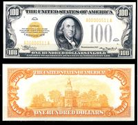 Изображение США 1934 г. P# 408 • 100 долларов. золотой сертификат • регулярный выпуск • копия • UNC пресс