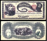 Bild von США штат Висконсин 1875 г. • Ла-Кросс • Национальный Банк • 2 доллара • копия • UNC пресс