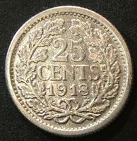Picture of Нидерланды 1918 г. • KM# 146 • 25 центов • Королева Вильгельмина I • регулярный выпуск • AU+