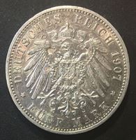 Изображение Германия • Пруссия 1907 г. • KM# 523 • 5 марок • Кайзер Вильгельм II (серебро) • регулярный выпуск • AU ( кат.- $125,00 )