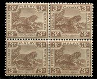 Изображение Малайя Федеративные штаты 1904-22 гг. Gb# 33 • 3c. тигр • MNH OG XF • кв.блок ( кат.- £40 )