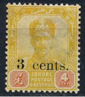 Изображение Малайя • Джохор 1903 г. Gb# 54a • 3c. на 4c. надпечатка нового номинала без черточек! • MH OG XF ( кат.- £4 )