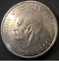 Изображение Норвегия 1968 г. • KM# 412 • 5 крон • Король Улаф V • регулярный выпуск • BU ( кат.- $60,00 )