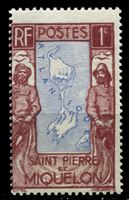 Изображение Сен-Пьер и Микелон 1932-33 гг. Iv# 136 • 1 c. • Карта островов (осн. выпуск) • MNH OG VF