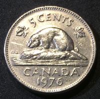 Изображение Канада 1976 г. KM# 60.1 • 5 центов • Елизавета II • бобер • AU
