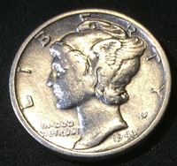 Изображение США 1943 г. • KM# 195 • дайм(10 центов) • (серебро) • "голова Меркурия" • регулярный выпуск • XF