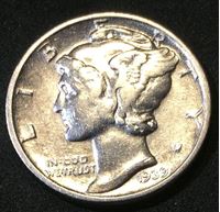 Изображение США 1939 г. • KM# 195 • дайм(10 центов) • (серебро) • "голова Меркурия" • регулярный выпуск • XF+