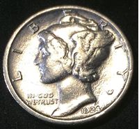 Изображение США 1924 г. • KM# 195 • дайм(10 центов) • (серебро) • "голова Меркурия" • регулярный выпуск • VF-