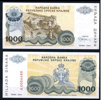 Изображение Хорватия • Сербская Краина 1994 г. P# R30 • 1000 динаров • крепость Книна • регулярный выпуск • UNC пресс