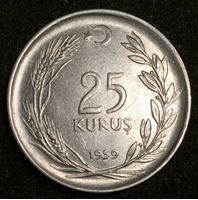 Изображение Турция 1959 г. • KM# 892.1 • 25 курушей • год - тип • регулярный выпуск • BU- ( кат.- $10,00 )