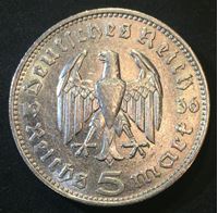 Изображение Германия 3-й рейх 1936 г. • KM# 86 • 5 рейхсмарок • (серебро) • символ Рейха • Гинденбург • регулярный выпуск • BU-