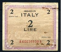 Изображение Италия 1943 г. P# M11a • 2 лиры • Союзные войска (с буквой "F") • оккупационный выпуск • F-