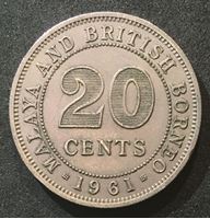 Picture of Малайя и Британское Борнео 1961 г. • KM# 1 • 20 центов • Елизавета II • регулярный выпуск • UNC- ( кат.- $10,00 )