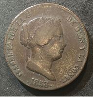 Bild von Испания 1858 г. • KM# 615.2 • 25 сентимос • королева Изабелла II • герб Испании • регулярный выпуск • VF