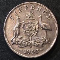 Picture of Австралия 1943 г. D • KM# 38 • 6 пенсов • серебро • Георг VI • герб Австралии • регулярный выпуск • AU+ ( кат.- $15,00 )