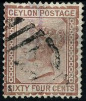Изображение Цейлон 1872-1880 гг. Gb# 131 • 64 c. • Королева Виктория • (перф. - 14 • в.з. - СС) • стандарт • Used VF ( кат.- £75 )