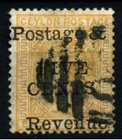 Изображение Цейлон 1885 г. Gb# 179 • 5 на 8 c. • Королева Виктория • надпечатка нов. номинала • стандарт • Used VF ( кат.- £12 )