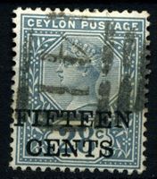 Изображение Цейлон 1891 г. Gb# 240 • 15 на 28 c. • Королева Виктория • надпечатка нов. номинала • стандарт • Used XF ( кат.- £10 )