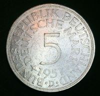 Изображение Германия ФРГ 1951 г. D (Мюнхен) • KM# 112.1 • 5 марок • серебро • первый год чеканки типа • регулярный выпуск • XF-AU ( кат.- $20,00 )