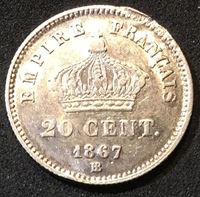 Изображение Франция 1867 г. BB (Страсбург) • KM# 808.2 • 20 сантимов • брак чеканки • император Наполеон III • регулярный выпуск • BU ( кат.- $40,00 )