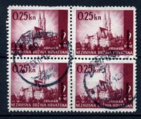 Изображение Хорватия 1942 г. SC# 53 • 0.25 k. на 2 k. • Кафедральный собор (Загреб) • надпечатка нов. номинала • Used XF • кв.блок