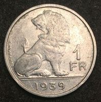 Изображение Бельгия 1939 г. • KM# 119 • 1 франк • "Belgique-Belgie" • бельгийский лев • регулярный выпуск • XF+