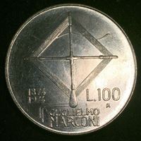 Bild von 1974 г. • KM# 102 • 100 лир • Гульельмо Маркони (100 лет со дня рождения) • памятный выпуск • BU-