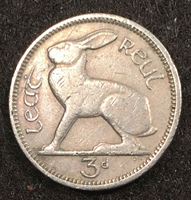 Изображение Ирландия 1942 г. • KM# 12a • 3 пенса • первый год чеканки типа • заяц • регулярный выпуск • XF ( кат.- $6,00 )