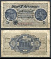 Изображение Германия 3-й рейх 1940-45 гг. P# R138a • 5 рейхсмарок • для "Восточных земель" • оккупационный выпуск • серия № - 7 цифр • F+ ( кат. - $15 )
