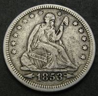 Изображение США 1853 г. • KM# 78 • квотер(25 центов) • "Сидящая Свобода" • год - тип • Американский орел • регулярный выпуск • XF