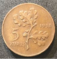 Изображение Турция 1958 г. • KM# 890.1 • 5 курушей • первый год чеканки типа • регулярный выпуск • XF+