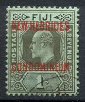 Изображение Новые Гебриды Британские 1910 г. Gb# 16 • 1 sh. • Эдуард VII • надпечатка на м. Фиджи • стандарт • Used XF ( кат.- £8 )