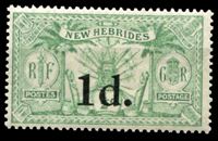 Изображение Новые Гебриды Британские 1924 г. Gb# 40 • 1 d. на 1/2 d. • оружие и идолы • надпечатка нов. номинала • MLH OG XF ( кат.- £4 )