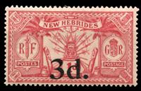 Изображение Новые Гебриды Британские 1924 г. Gb# 41 • 3 d. на 1 d. • оружие и идолы • надпечатка нов. номинала • MLH OG XF ( кат.- £4 )