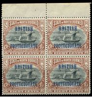 Изображение Северное Борнео 1901-5 гг. Iv# 133a • 8 c. • надпечатка "Британский протекторат" (без точки) • парусник • фискальный выпуск • MNH OG XF+ • кв.блок