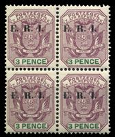 Изображение Трансвааль 1901-2 гг. Gb# 240 • 3 d. • надпечатка "E.R.I." • герб колонии • MNH OG XF • кв.блок ( кат.- £10 )