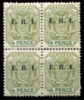 Изображение Трансвааль 1901-2 гг. Gb# 241 • 4 d. • надпечатка "E.R.I." • герб колонии • MNH OG XF • кв.блок ( кат.- £10 )