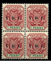 Изображение Трансвааль 1900 г. Gb# 227 • 1 d. • надпечатка "V.R.I." • герб колонии • MNH OG XF • кв.блок