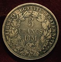 Изображение Франция 1851г. A KM# 761.1 / 5 франков / XF / Серебро