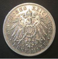 Изображение Германия • Пруссия 1900 г. • KM# 523 • 5 марок. • Кайзер Вильгельм II (серебро) • регулярный выпуск • XF+ ( кат.- $100,00 )