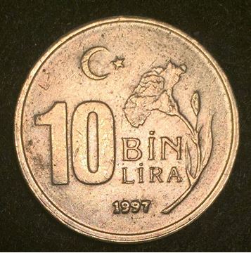 1997 г. Монеты Турция 1997. Бин Лира чья валюта. 10 Bin lira. 10 Лир турецких изображений монеты.