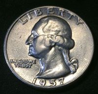 Изображение США 1957 г. • KM# 164 • квотер(25 центов) • (серебро) • Джордж Вашингтон • регулярный выпуск • AU+