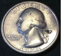 Изображение США 1934 г. • KM# 164 • квотер(25 центов) • (серебро) • Джордж Вашингтон • регулярный выпуск • F-