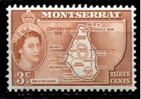 Изображение Монтсеррат 1953-62 гг. Gb# 139a • Елизавета II основной выпуск • 3c. • карта острова (тип II - "colony") • MNH OG XF